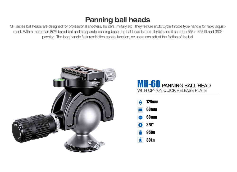 
                  
                    Leofoto MH-60 Panning Ball Head /w Handlebar Control Arca Compatible Ideal for Target Shooting
                  
                