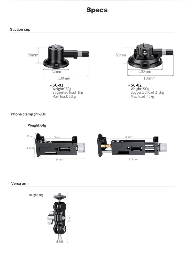 
                  
                    Leofoto SC-02 + PC-90II + Versa Arm Suction Mounting Kit | 1/4" Screw |Max Load: 88lb (40kg)
                  
                