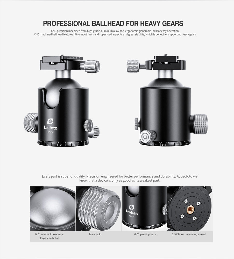 
                  
                    Leofoto HB-70 70mm Pro Heavy-Duty Ball Head with Quick Release Plate & Case | Max Load 88lb
                  
                