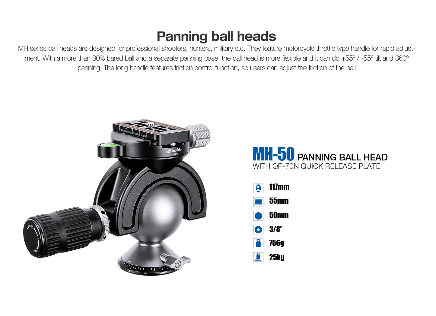 
                  
                    Leofoto MH-50 Panning Ball Head w Handlebar Control Arca Compatible Ideal for Target Shooting
                  
                