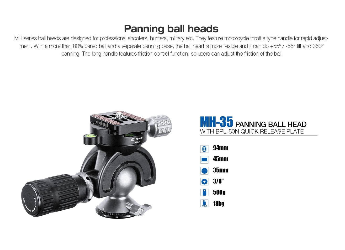 
                  
                    Leofoto MH-35 Panning Ball Head w Handlebar Control Arca Compatible Ideal for Target Shooting
                  
                