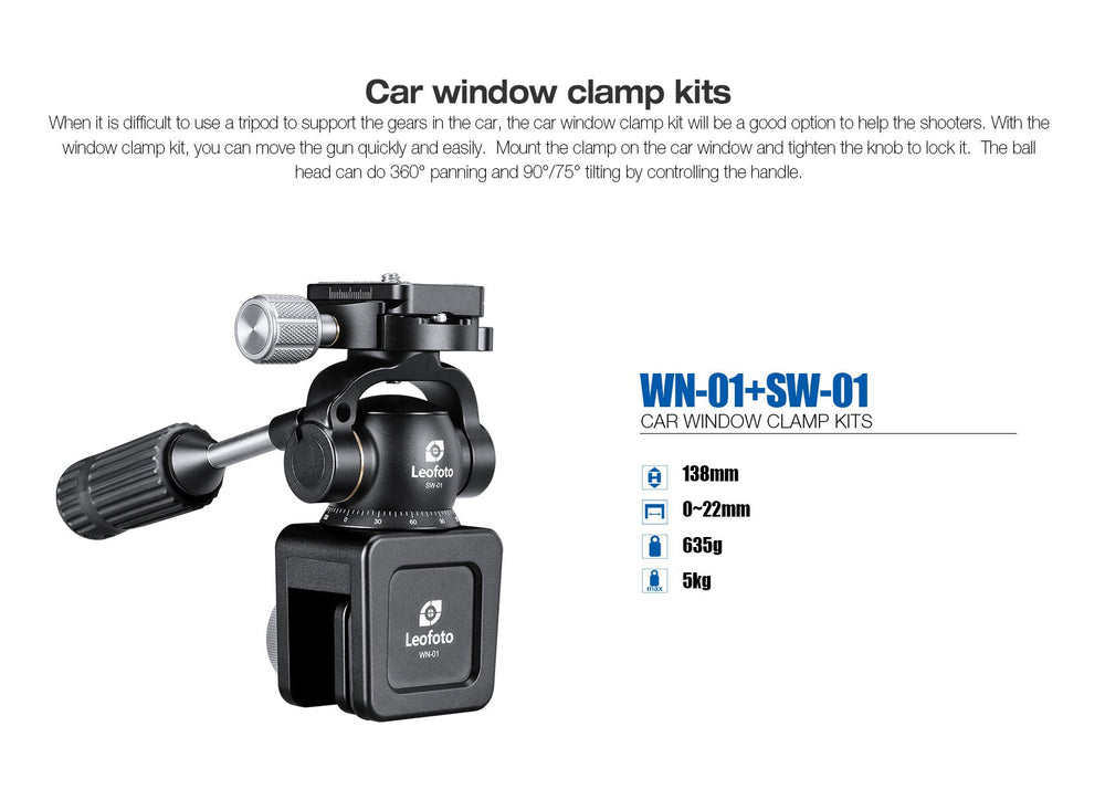 
                  
                    Leofoto WN-01+SW-01 Car Window Clamp Kit/ Windows Mounting Head for Binoculars/ Lens and Camera
                  
                