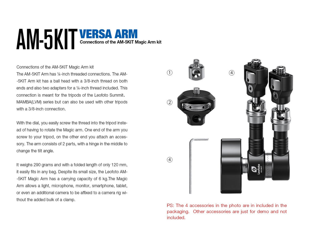 
                  
                    Leofoto AM-5 / AM-6 Kit Versa Magic Arm "Heavy-Duty" | Anti-Twist Adapter | 1/4th Mounting Screws
                  
                